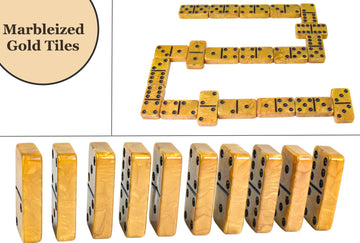 Vovotuzzi Dominos Set For Adults, Thick Domino, Double 6 Dominoes Set For Adults And Kids, 28 Marbleized Gold Tiles In Brown Lea