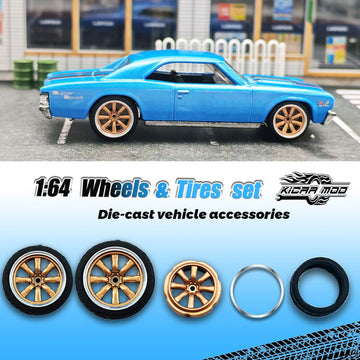 1/64 wheels Front Small Rear Big for Muscle Cars and Sports Cars,4 Sets/pack,Eight Spokes,ABS Wheels with Rubber Tire Rivet Axle