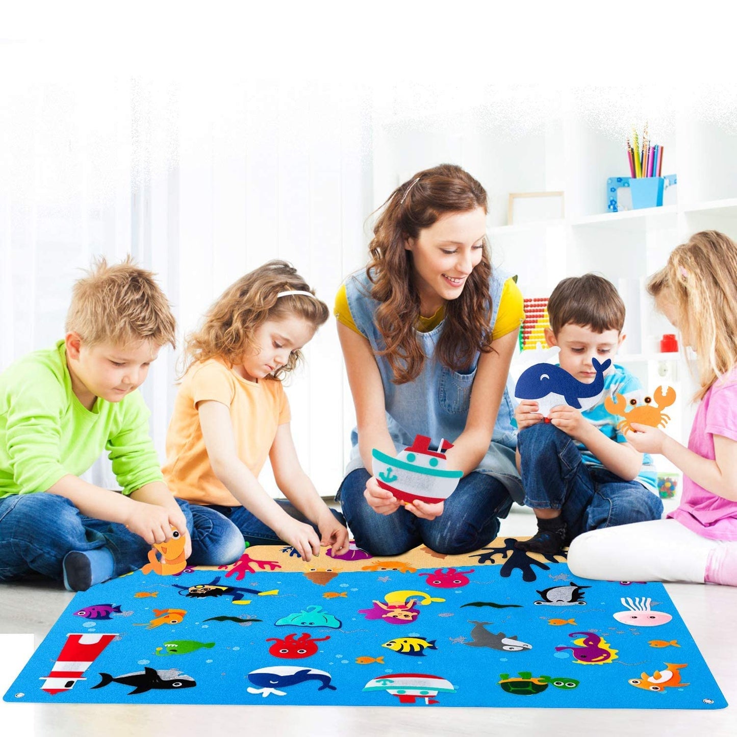 WATINC 45Pcs Under The Sea Teaching Felt Board Story Set 3.5 Ft Ocean Creatures Aquarium Storytelling Flannel Interactive Play K