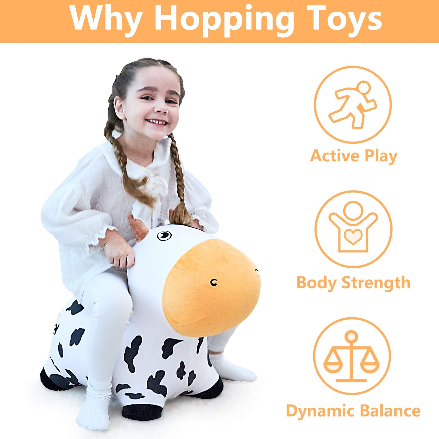 iPlay, iLearn Bouncy Pals Dairy Cow Hopper - Plush Inflatable Ride-On Toy for Kids, 21x12x24 inches, White and Black