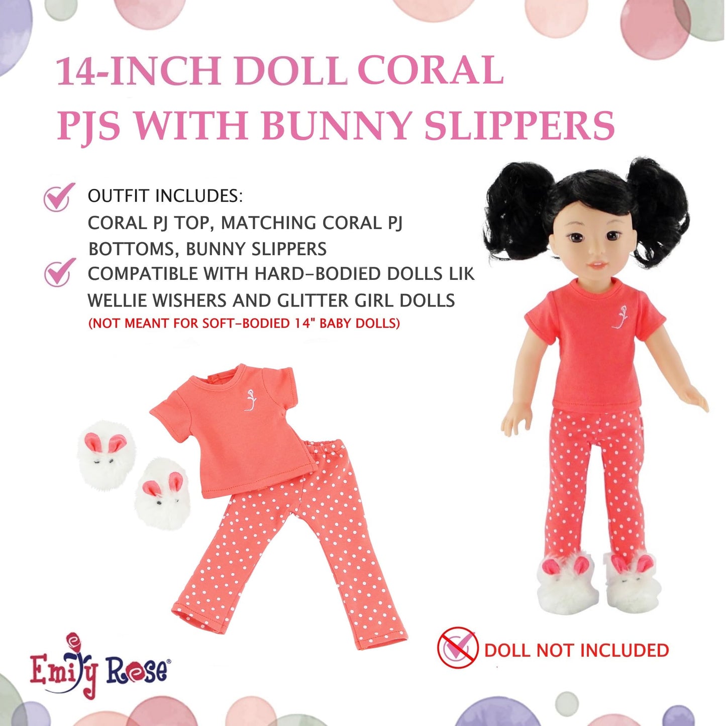 Emily Rose 14 Inch Doll Clothes & Accessories | 2 Pc 14 Fashion Doll Coral Pajamas Pjs Sleep Gift Set With Fluffy Bunny Slippers