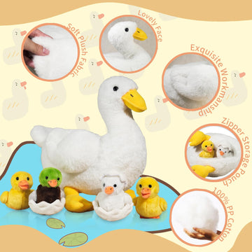 Duck Stuffed Animals With Babies Inside, 7 Pieces Mommy And Baby Duck Plush - Ducklings And Eggs In Mom Duck Zippered Belly, Whi
