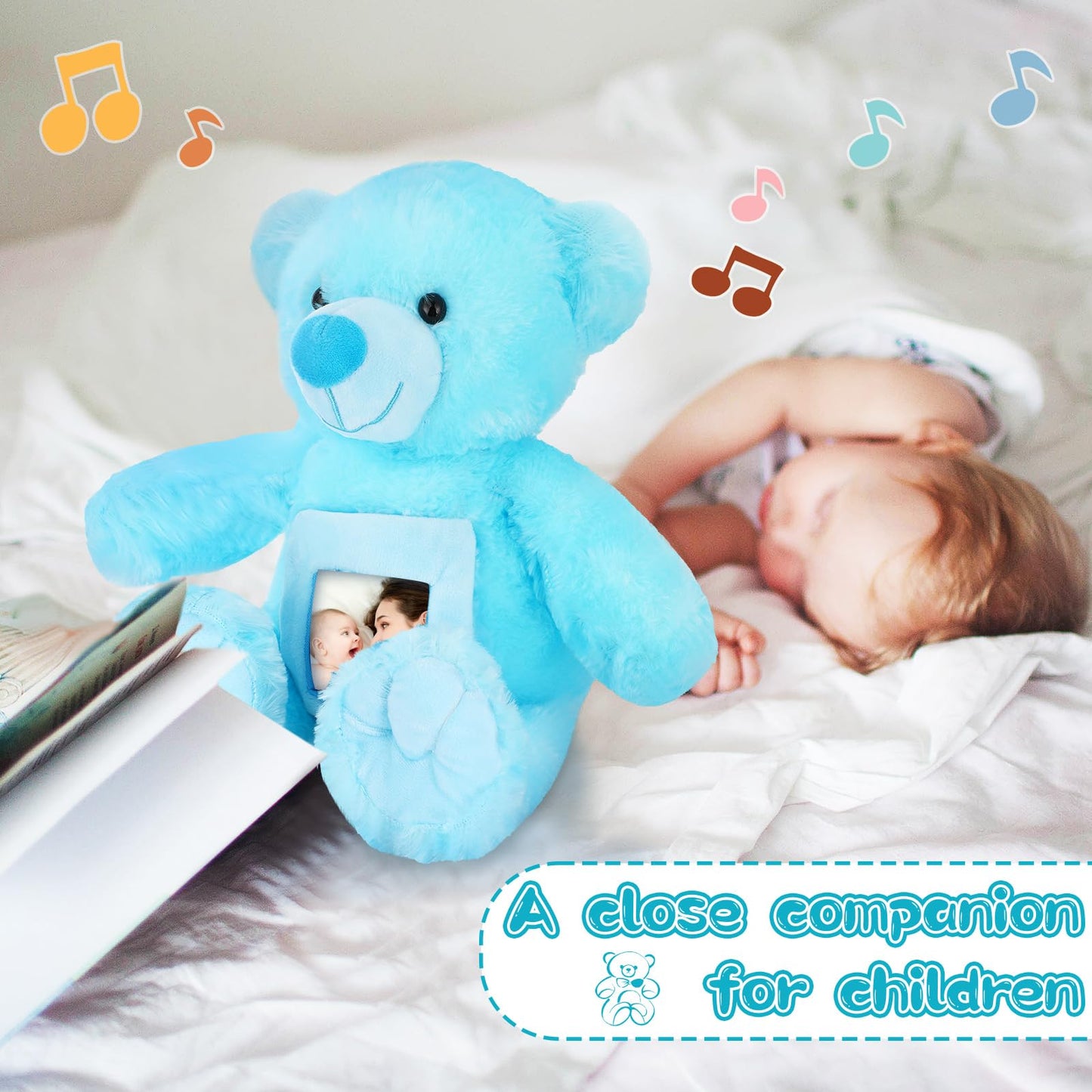 Leyndo Bear With Voice Recording Remembrance Stuffed Animal With Picture Recordable Messages Memorial Toy For Baby Shower Birthday Gift, Recording Gifts(14 Inch,Blue)