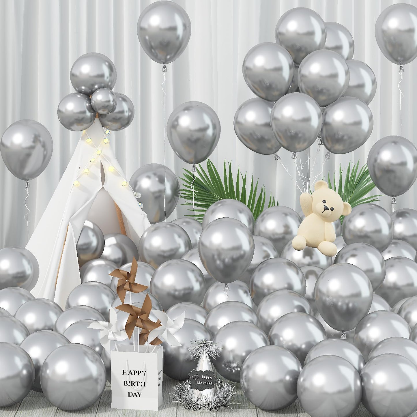 Jobkoo Silver Balloons 12 Inch 100 Pack, Metallic Silver Balloons Chrome Silver Metallic Balloon Shiny Silver Latex Balloons For