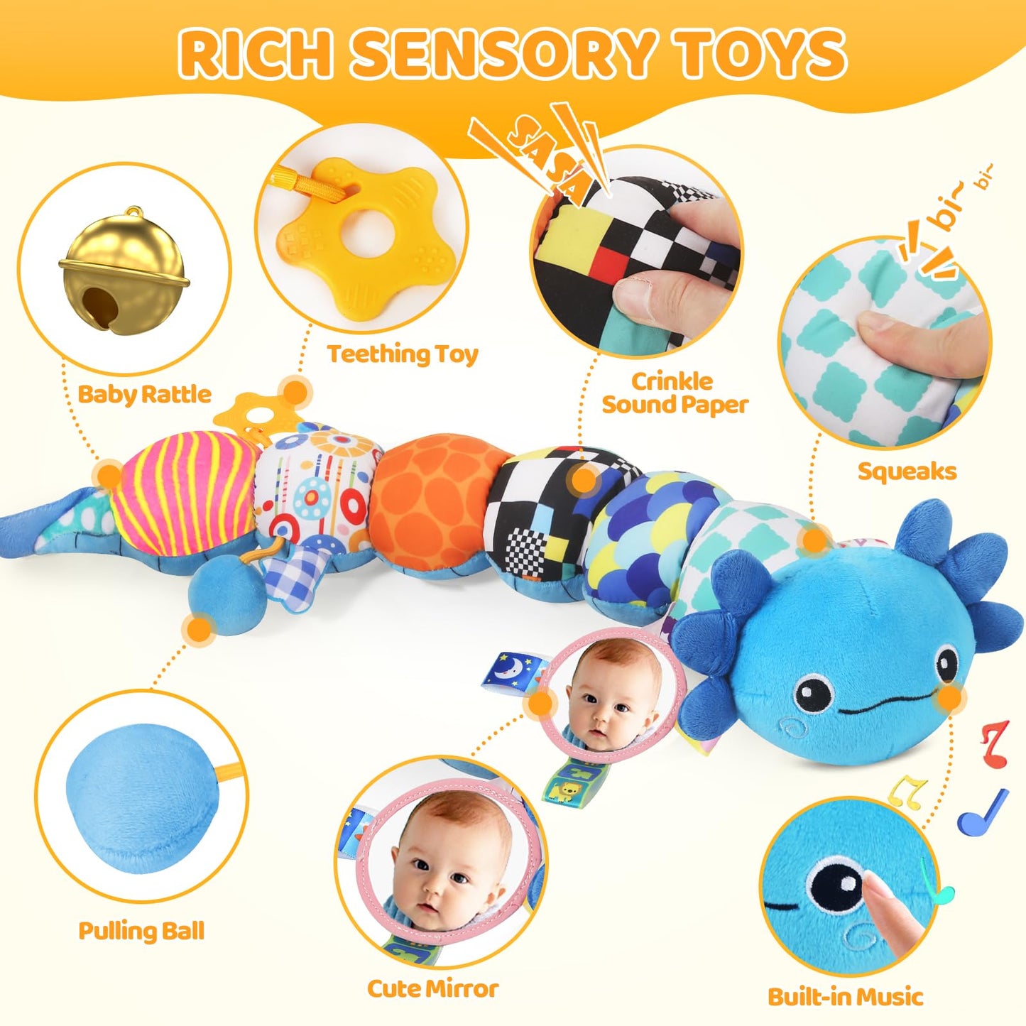 Baby Toys for 0-6 6-12 Months  Plush Axolotl Toy with Mirror Crinkle and Rattle for Infant Newborn Tummy Time Sensory Music Stuffed Animal Toy for 0-3-6-12 Month Baby Boys Girls Shower Gifts
