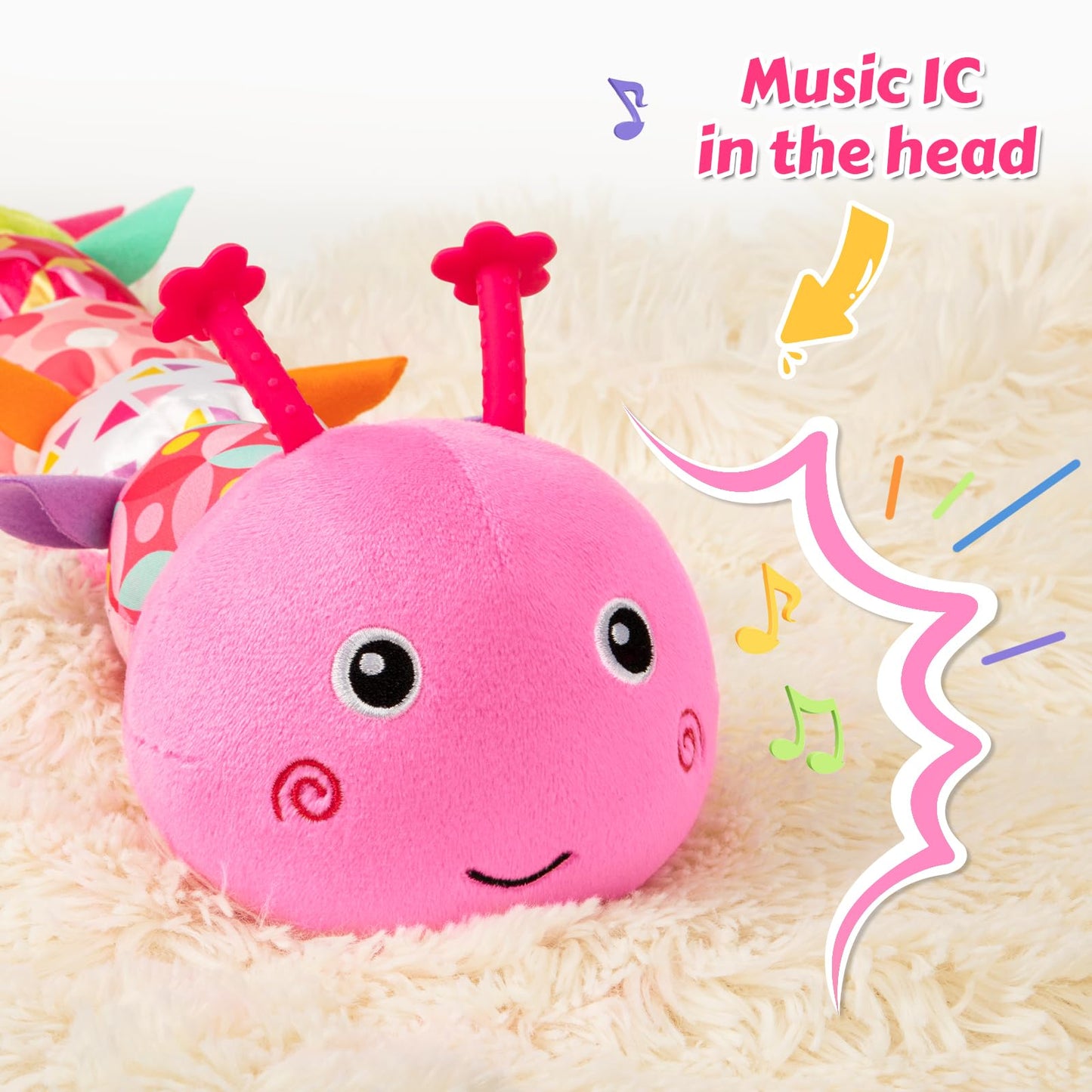 Baby Toys Musical Caterpillar  Infant Stuffed Animal for 0-6 6-12 Months with Crinkle and Rattles  Tummy Time Sensory Toys Newborn Boys Girls Gifts 0 3 6 9 12 Months - Pink