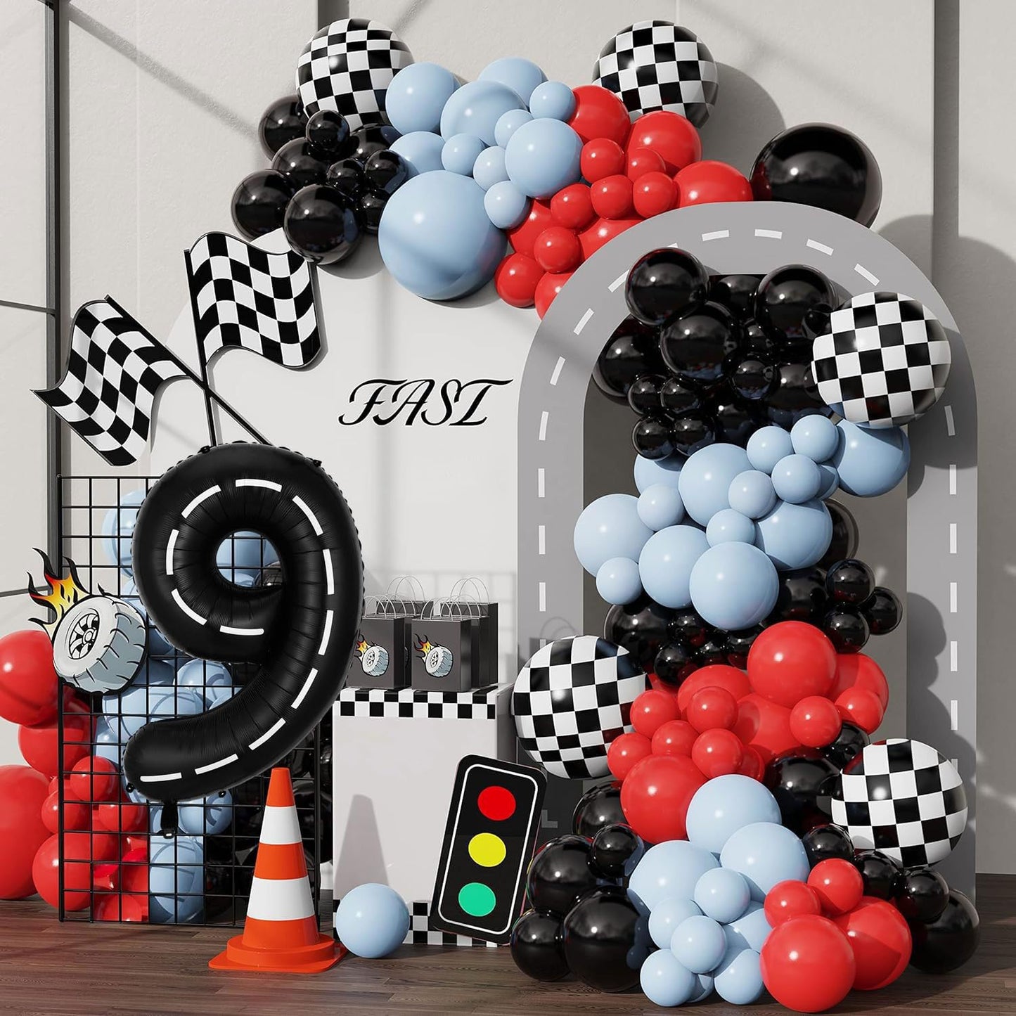 Race Car Birthday Balloons Decorations, 40 Inch Racetrack Black Number 9 Balloon, Large Mylar Black 9 Balloon For 9St Birthday R