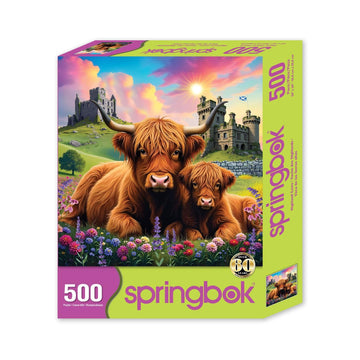 Springbok Highland Cows in The Countryside 500 Piece Jigsaw Puzzle - Endulge in a Colorful Escape with These Fuzzy Scottish Favorites