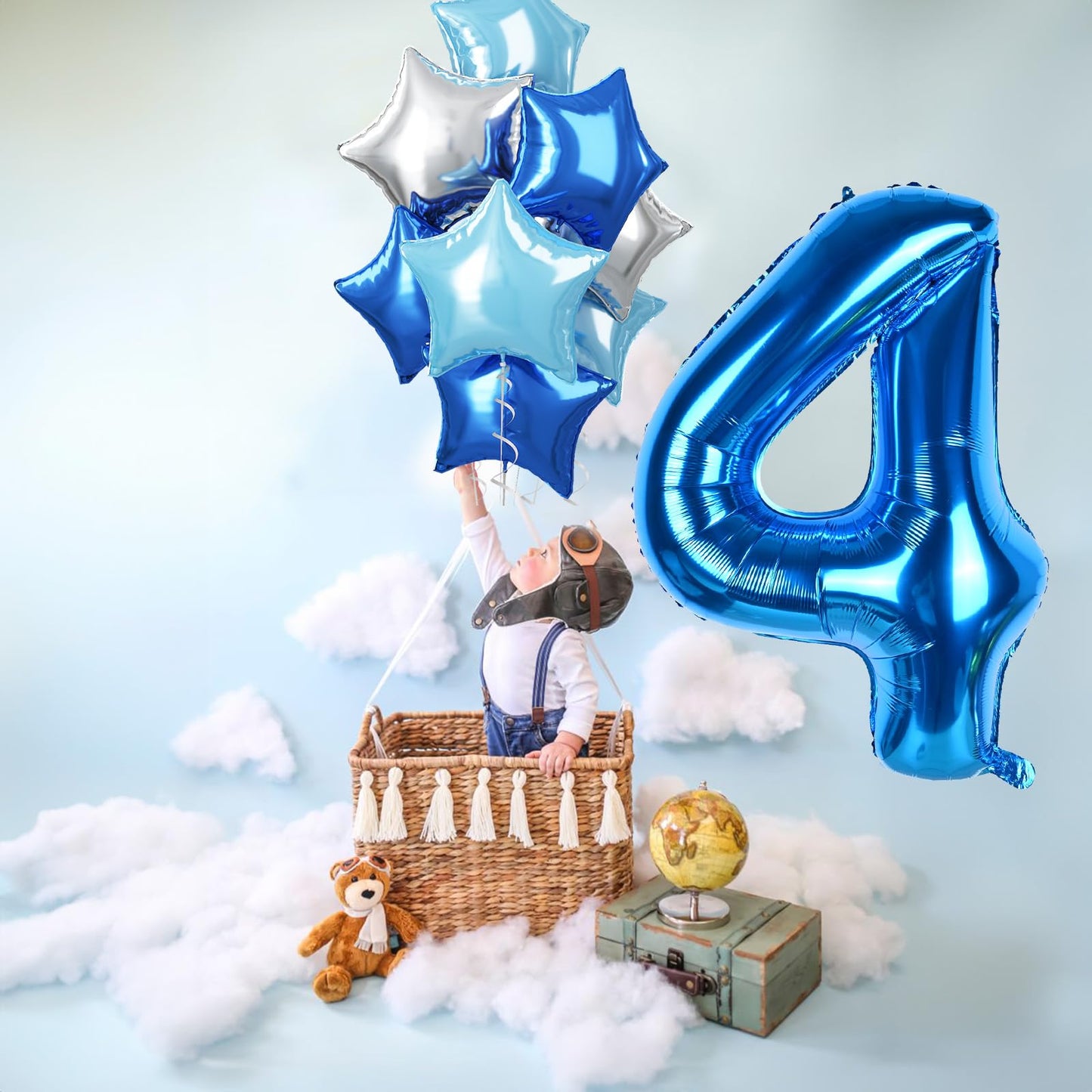 Dark Blue Foil Balloon Number 4, 40 Inch Giant Globos Azules Light Metallic Blue Mylar Four Balloon, Royal Blue Silver Star Self