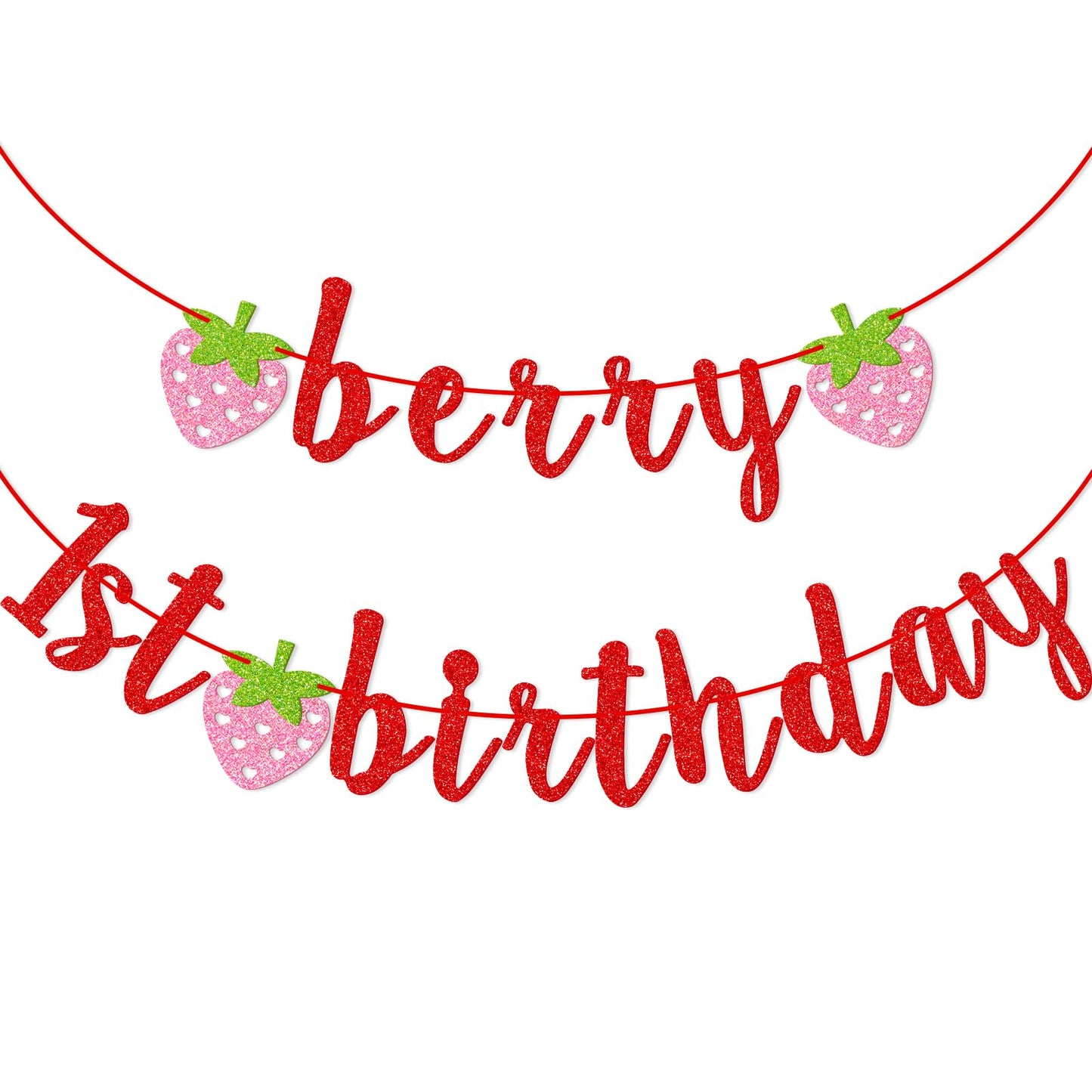 Berry First Birthday Banner, Glitter Strawberry Banner, 1St Birthday Decor (Red)
