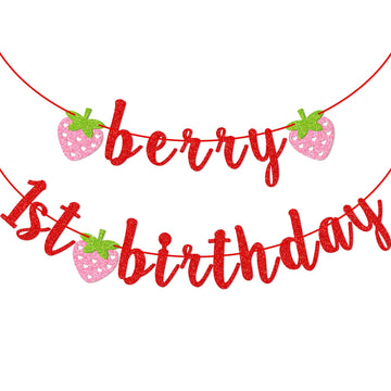 Berry First Birthday Banner, Glitter Strawberry Banner, 1St Birthday Decor (Red)