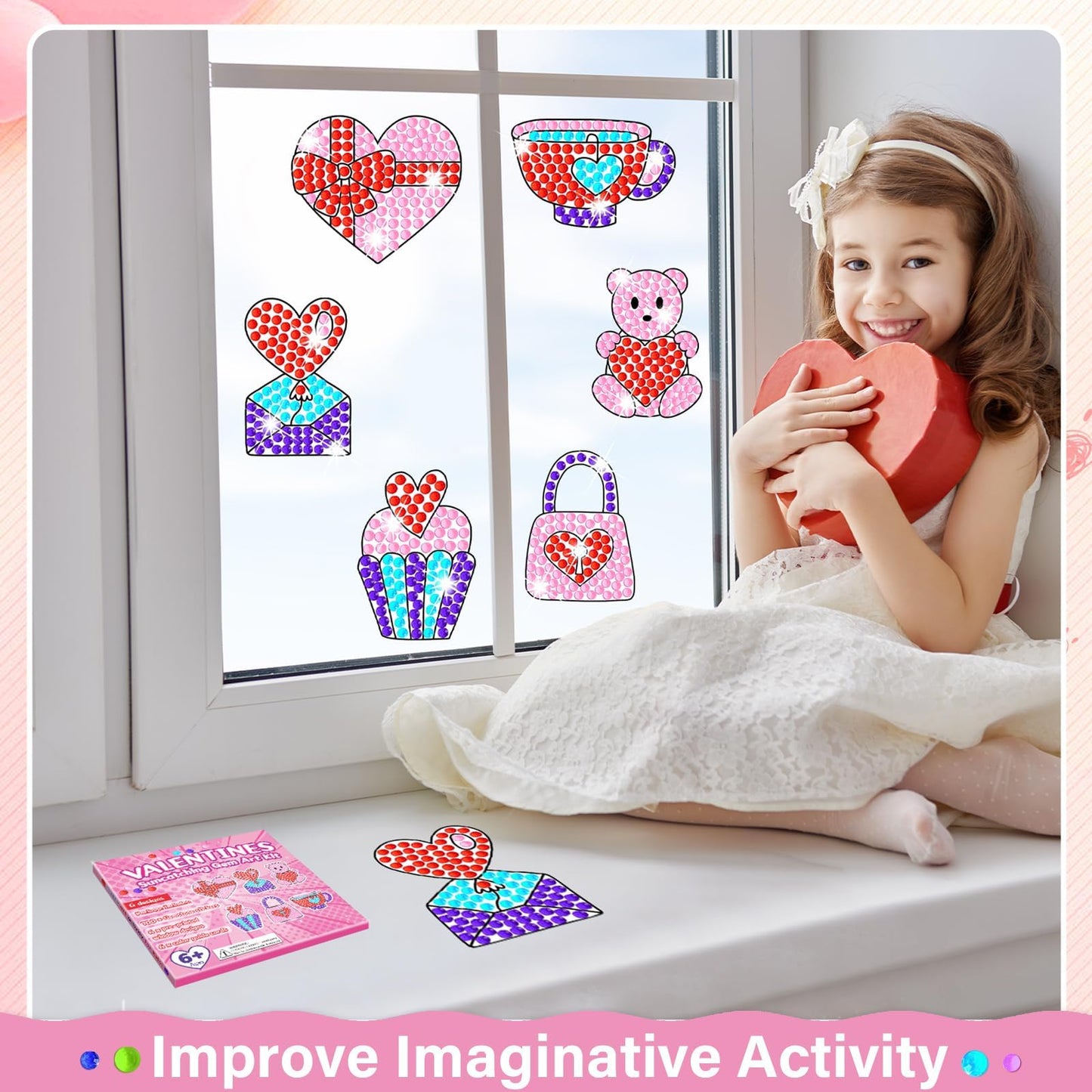 Qyeahkj 6 Pcs Valentines Day Arts Crafts DIY Heart Bear Gem Diamond Suncatcher Crafts for Kids Valentines Diamond Painting Gift