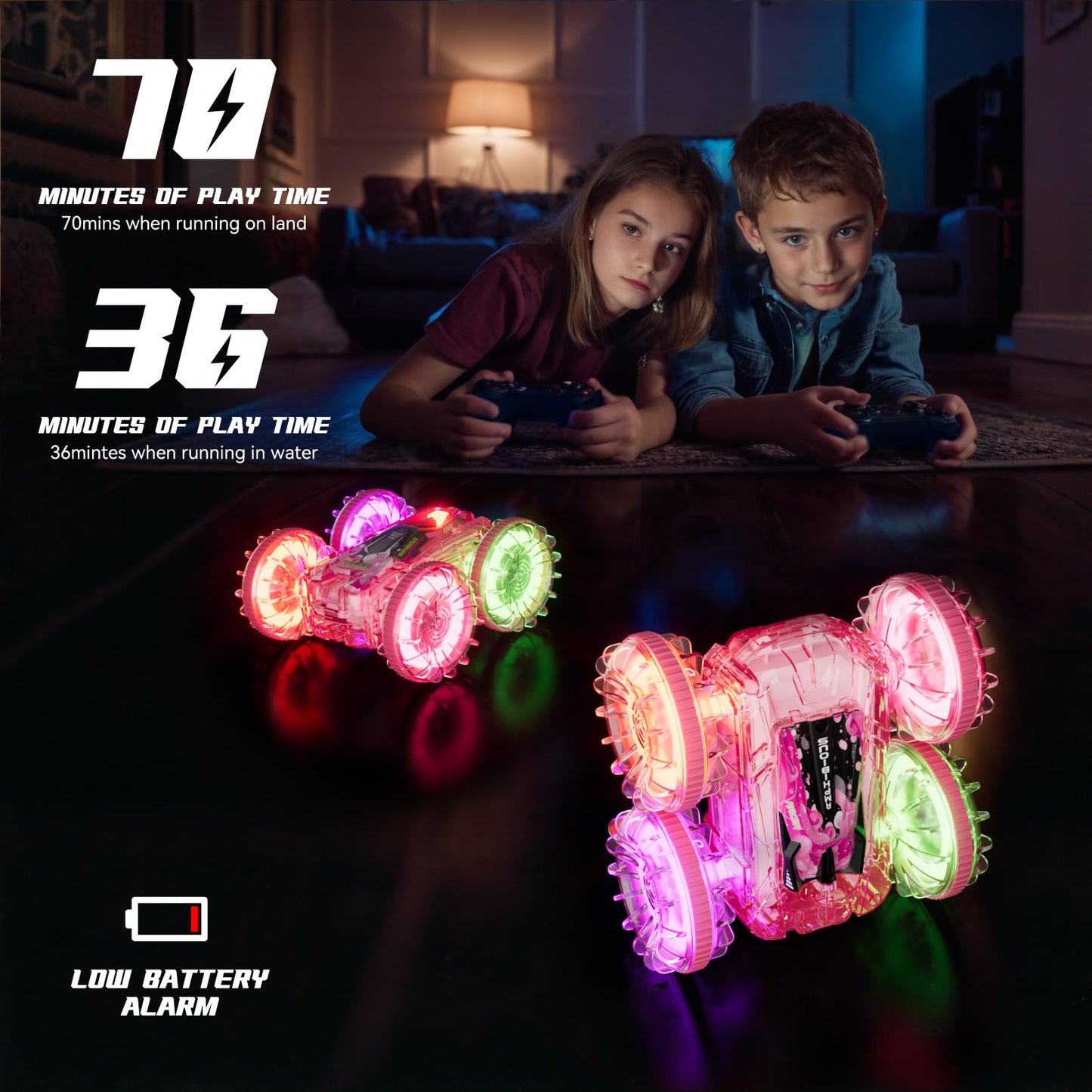 BFUNTOYS Amphibious Remote Control Car for Water or Land Play, RC Car for Kids Girls with LED Lights 4WD Stunt Car Pink Pool Toy