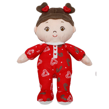 Large 13 Inch Soft Baby Doll With Heart Print, Brunette Ruby, Red
