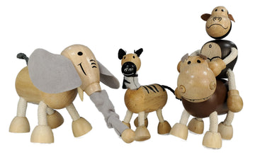 TEKOR Wooden Bendable Jungle Animal Toys (Set of 4) | Ages 3 & Up | Early Education Toy Animals for Kids | Elephant, Zebra, Hipp