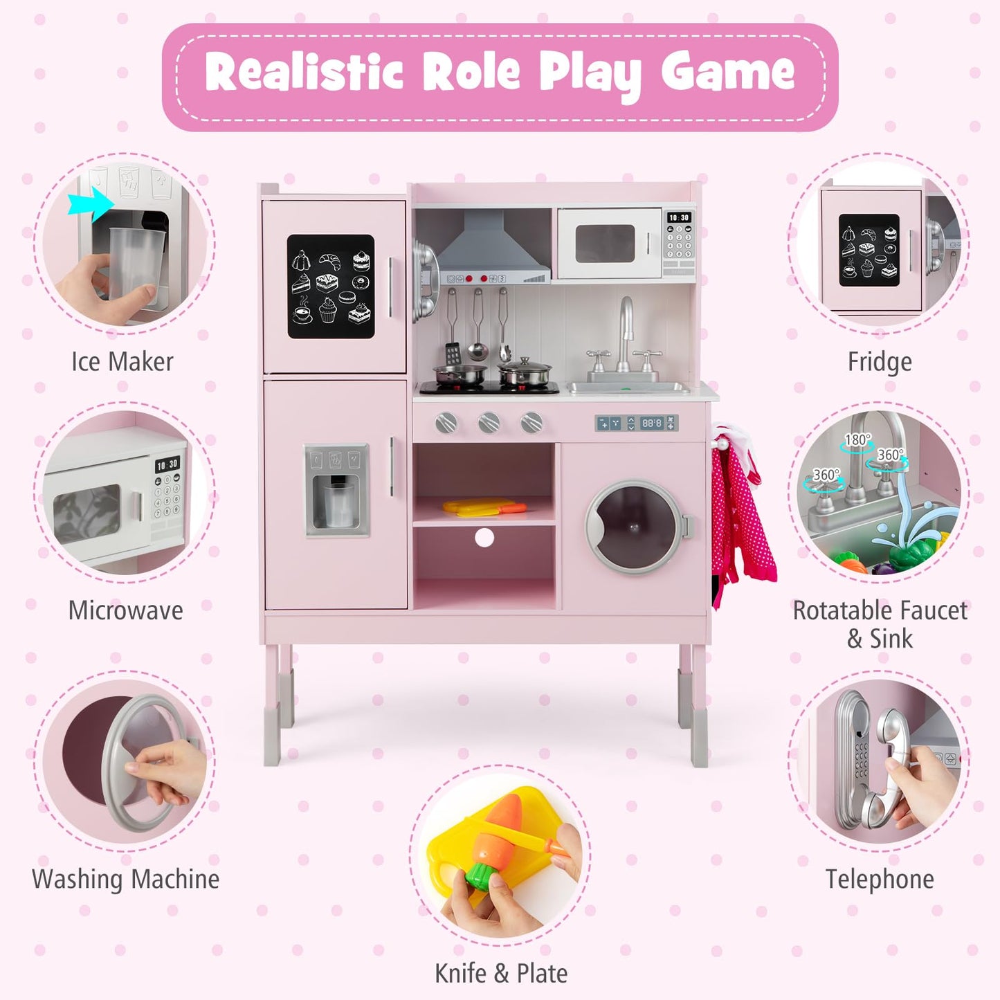 Honey Joy Pink Kids Kitchen Playset, Wooden Play Kitchen For Toddlers, Microwave, Cookware, Washing Machine, Range Hood, Blackbo