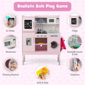 Honey Joy Pink Kids Kitchen Playset, Wooden Play Kitchen For Toddlers, Microwave, Cookware, Washing Machine, Range Hood, Blackbo