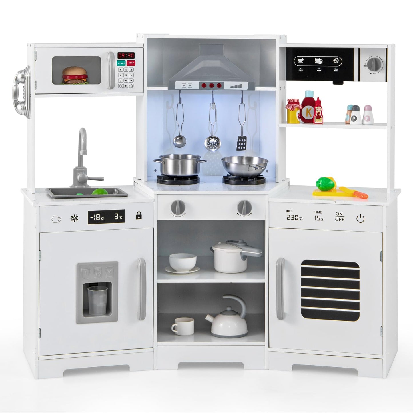 HONEY JOY Corner Kids Kitchen Playset, Wooden Toy Kitchen Set w/Lights & Sounds, Range Hood, Ice Maker & Coffee Maker, Microwave