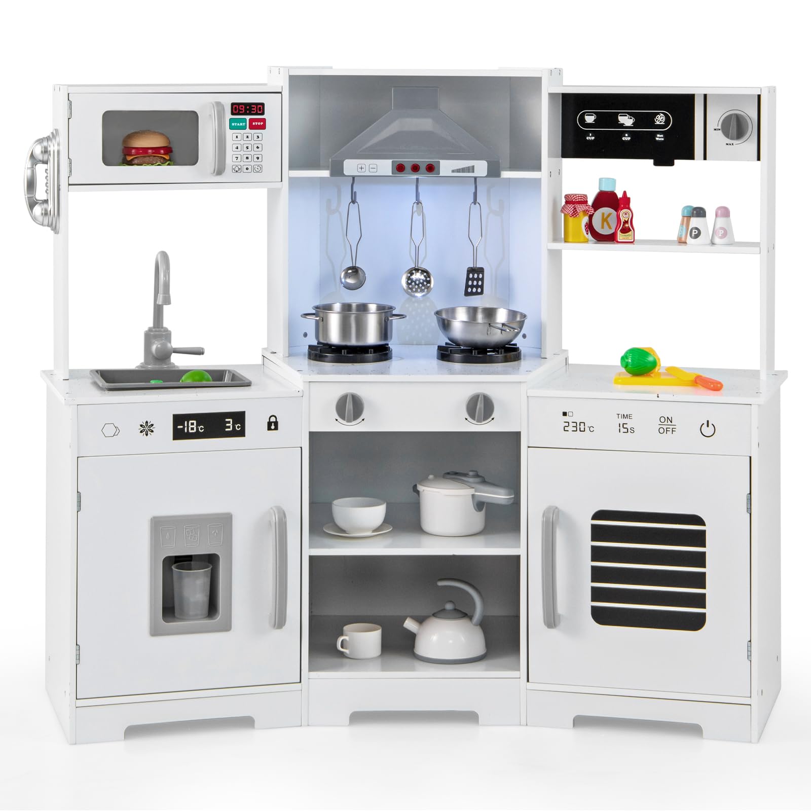 HONEY JOY Corner Kids Kitchen Playset, Wooden Toy Kitchen Set w/Lights & Sounds, Range Hood, Ice Maker & Coffee Maker, Microwave