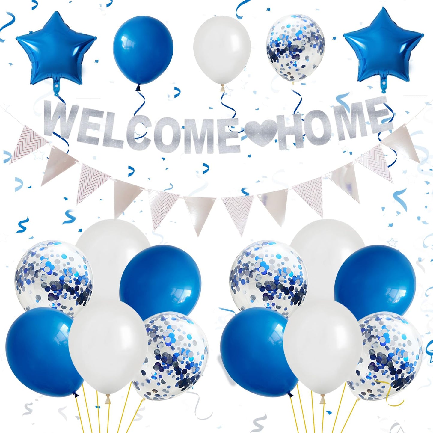 Welcome Home Decorations,Blue Silver Welcome Home Balloons Banners Set,Welcome Home Glitter Banner With Confetti Balloons,Pennan