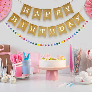 Natural Tan Burlap Happy Birthday Banner And Rainbow Pom Pom Garland, No Diy, Pre Strung And Ready To Hang, Faux Imitation Burla