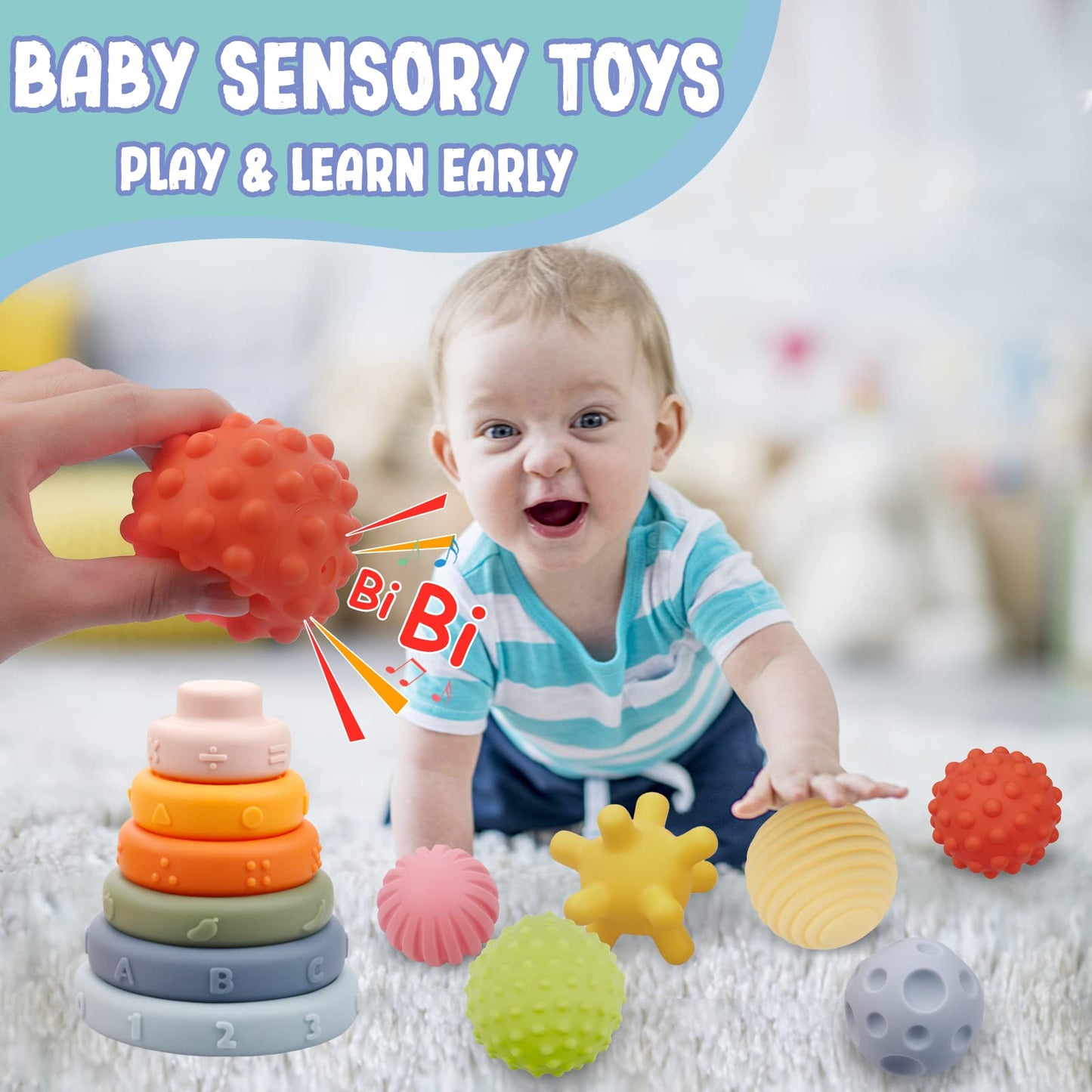 Montessori Toys For Babies 6-12 Months, Soft Baby Blocks Toys Set, 3 In 1 Infant Stacking Building Blocks, Teething Toys Sensory
