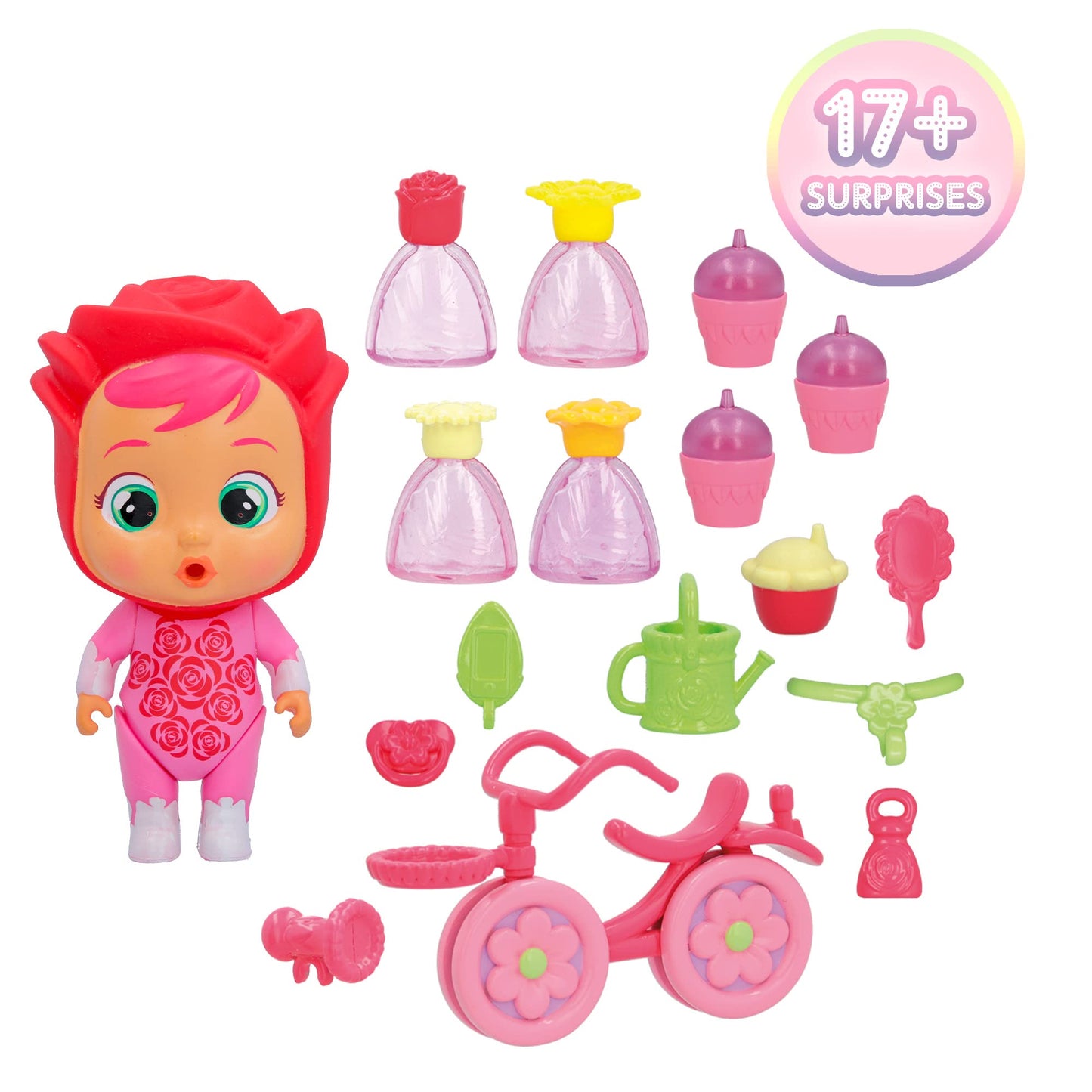 IMC Toys Cry Babies Magic Tears Rose's Bike Cart Playset - 17+ Accessories, Exclusive Rose Doll, Plastic, Model 86241