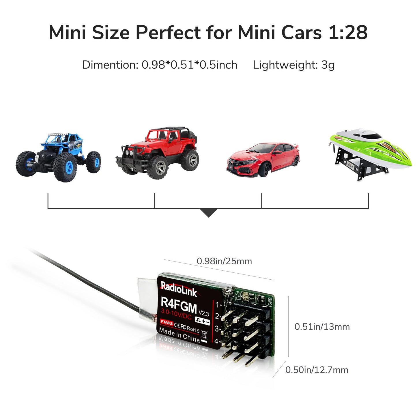Radiolink R4FGM V2.2 3.4Ghz 4 Channels RC Gyro Receiver for Mini RC Cars 400m Long Range Control for RC Remote Controller RC8X/R