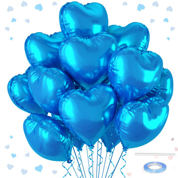 12 Pcs Heart Balloons, 18 inch Blue Heart Shaped Balloons, Big Heart Mylar Helium Balloons, Heart Love Foil Balloons for Wedding