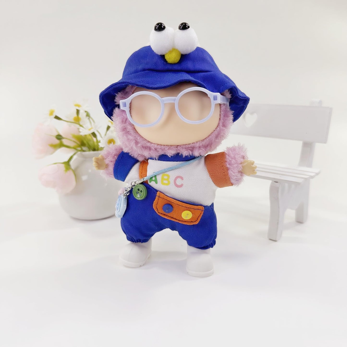 Stylish Adorable 17cm Dolls Clothes  6PCS Doll Outfits Dress-Up with Hat + Top + Pants + Glasses + Shoes + Pendant Accessories (No Dolls) Blue