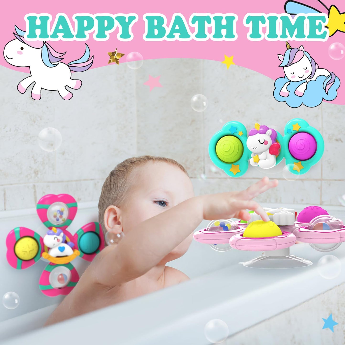 3PCS Suction Cup Fidget Spinner for Babies,Toddler Bath Toys,Airplane Car Travel Table & Window Sensory Toys for Toddlers,1 2 Ye