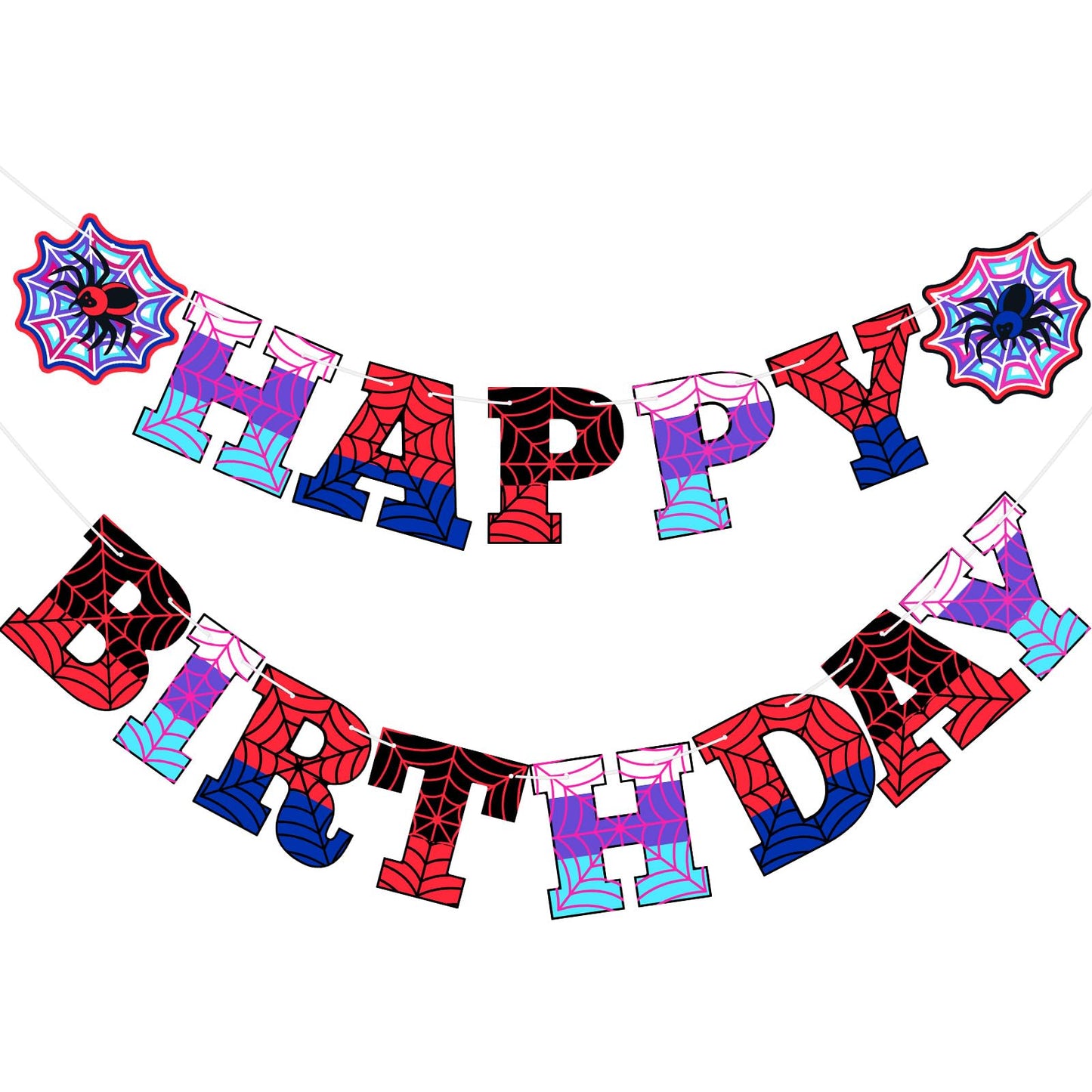 Oudain Spider Theme Birthday Banner Decorations Pre-strung Spider Web Happy Birthday Banner Flags Sign Cartoon Backdrop Party Su