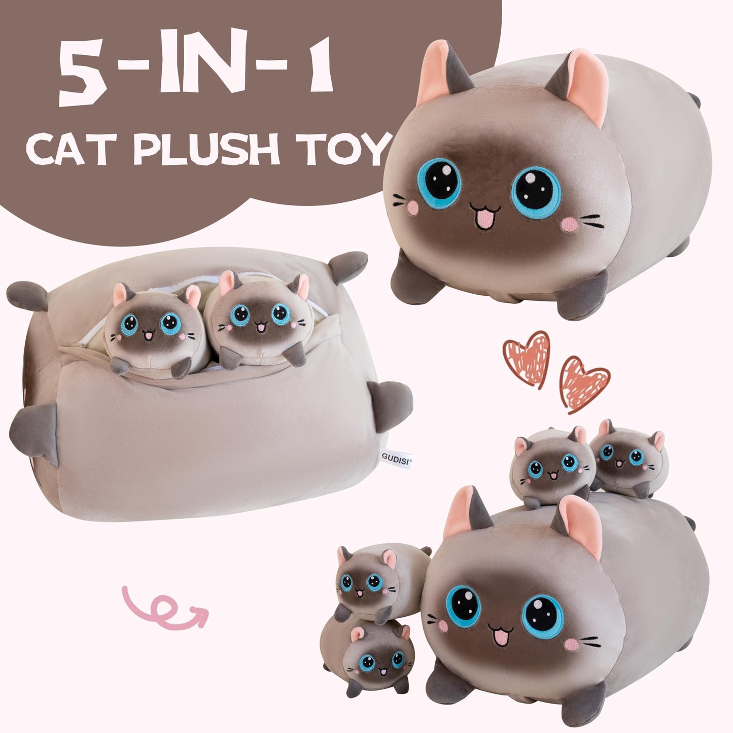 Gudisi Siamese Cat Plush Stuffed Animals - 16" Soft Jumbo Pillow, Grey Cotton, 4 Kitties Plushies, Perfect Gift for Kids and Loved Ones