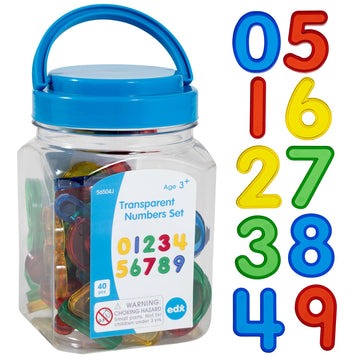 Edxeducation Transparent Numbers Set - Mini Jar Set Of 40 - Colorful, Plastic Numbers - Light Box Accessory - Sensory Play - Math Manipulative For Kids