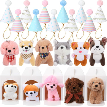 Roundfunny 33 Pcs Mini Plush Dogs Stuffed 4 Inches Small Puppy Stuffed Animal With Keychain Kraft Paper Dog Boxes And Paper Cone
