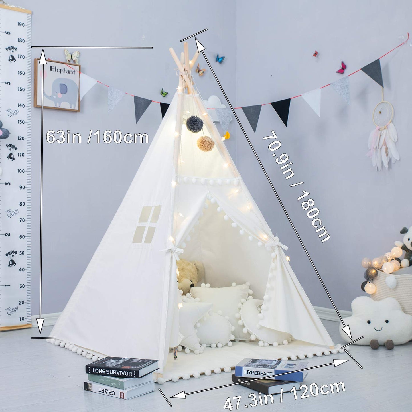 Teepee Tent For Kids With Padded Mat, Foldable Play Tent With Carry Bag For Indoor Outdoor, Pompom Lace Cotton Canvas Playhouse Tipi For Girls Boys