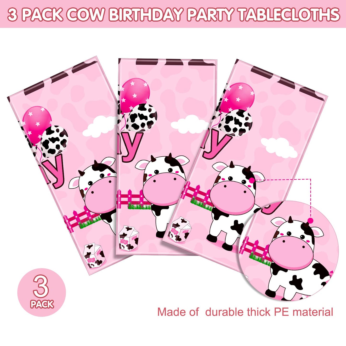 Tiamon 3 Pieces Cow Birthday Party Tablecloth Decorations Plastic Farm Animal Table Cover Pink Cow Print Table Cloths for Farmho