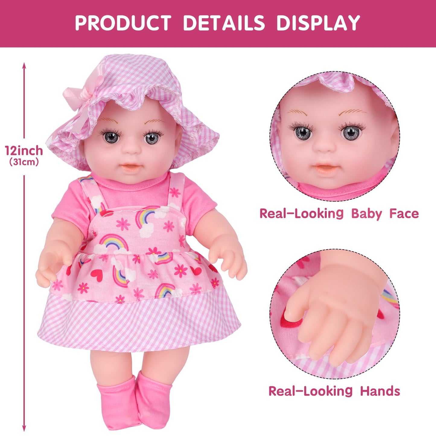 Zqdoll 12 Baby Dolls With Bassinet Bed, Rainbow Theme Reborn Cute Baby Doll Clothes And Accessories Set Include Pacifier Bottle