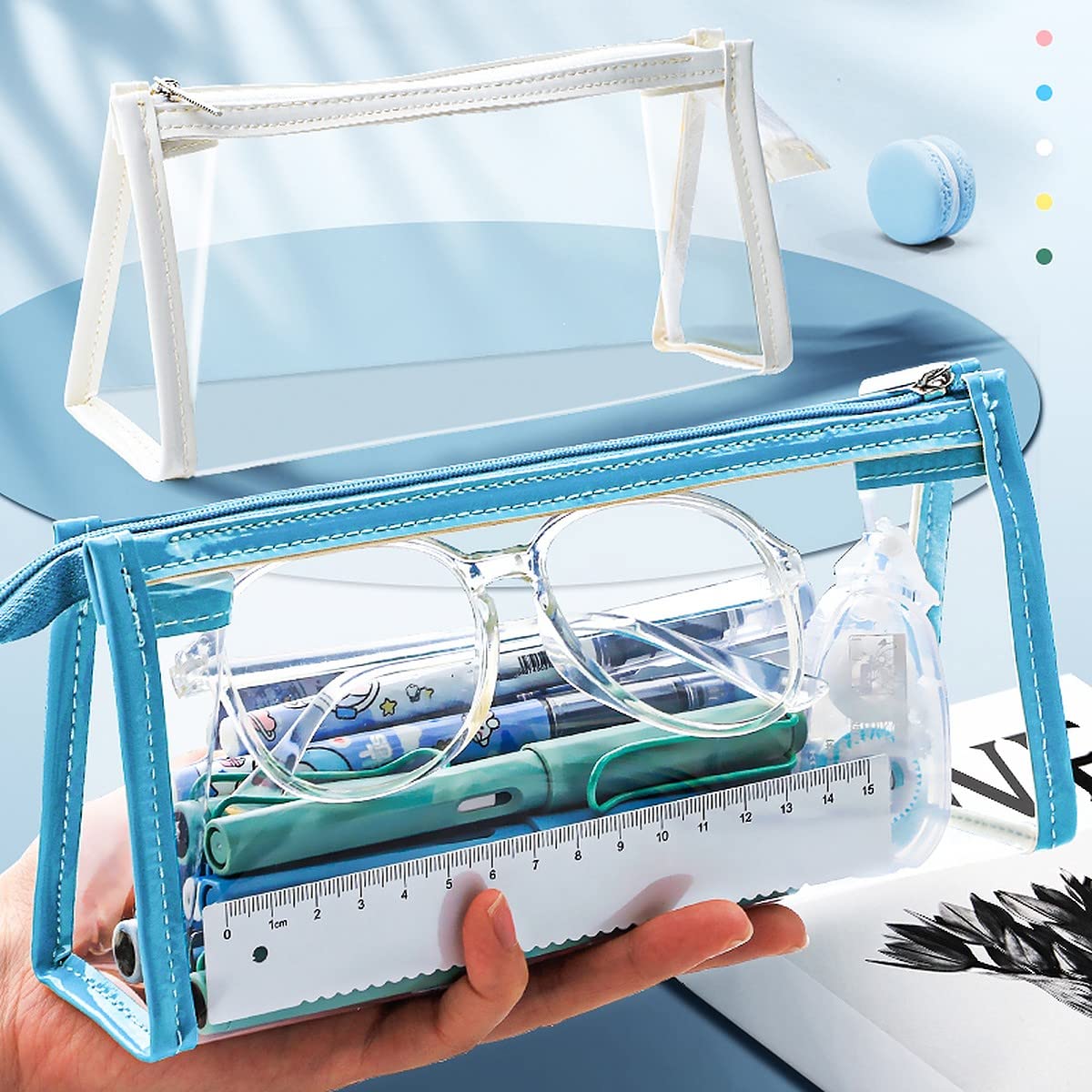 Wolpin Pvc Large Capacity Pencil Bag, Transparent Blue Pencil Pouch With Zipper Closure Portable Makeup Pouch, Case Cute Station
