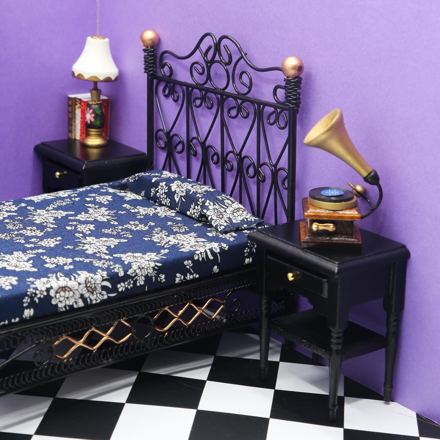Minamzee 8Pcs 1:12 Dollhouse Bedroom Furniture Set Miniature Black Metal Bed With Bedding, Wooden Bedside Table, Lamp, Books, Mu