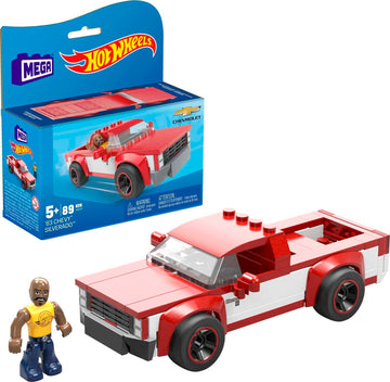 Mega Hot Wheels Building Toy Race Car Playset, 83 Chevy Silverado With 89 Pieces, 1 Micro Action Figure Driver, Red, Kids Age 5+ Years