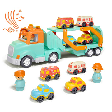 Transport Car Carrier Truck Toys for 2 3 4 5 Years Old Kids, 24 inches Foldable Track Trailer with Light & Sound Effects, 4pcs S
