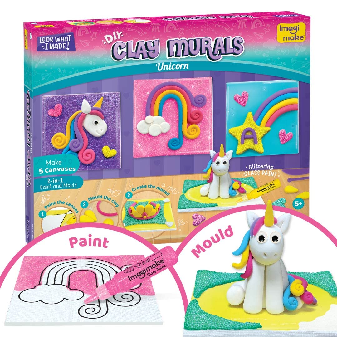 Imagimake Clay Murals  Unicorn  Modelling Clay & Glass Paint  5 Designs  Art & Craft Kit  Age 5 Years+, Multicolor