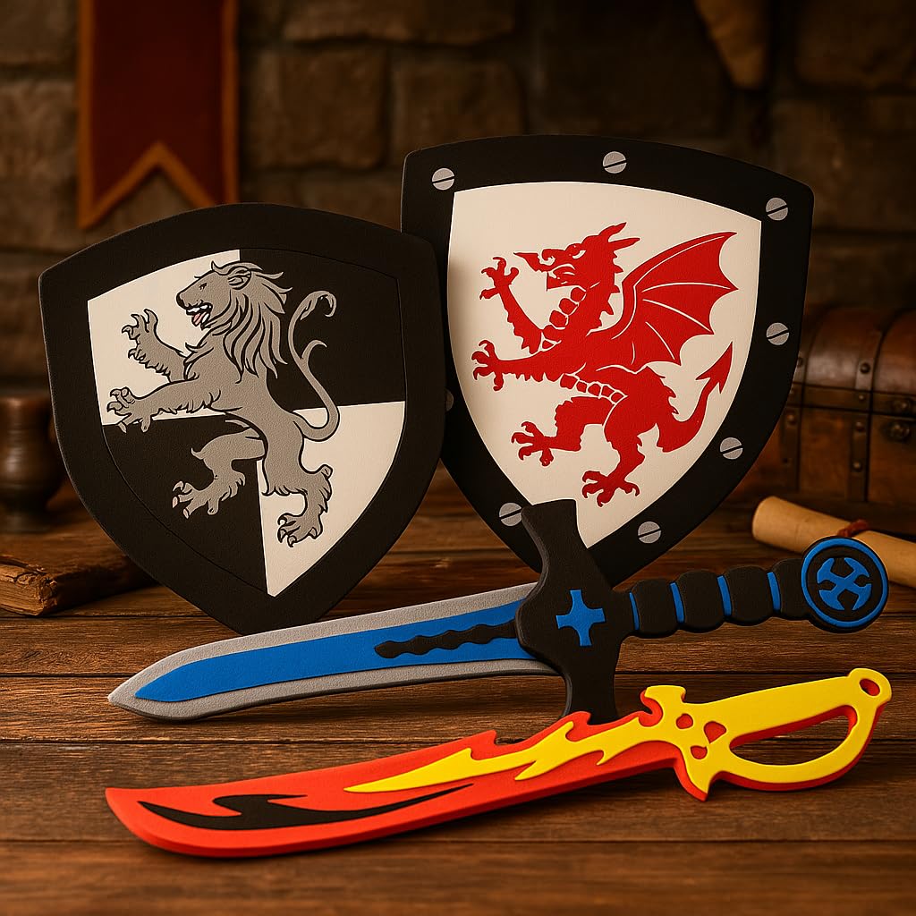 Liberty Imports 4 PCS Dual Foam decorative replica blade and Shield Combo Playset - Medieval Combat Warrior   Joust Dragon Knights Lightweight Set Costume Role Play Accessories for Kids  Boys  Girls