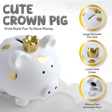 Sobeit Crown Small Porcelain Piggy Bank, Easy Access Money Saving Bank For Kids, White/4.64'L X 5.51'W X 5.19'H