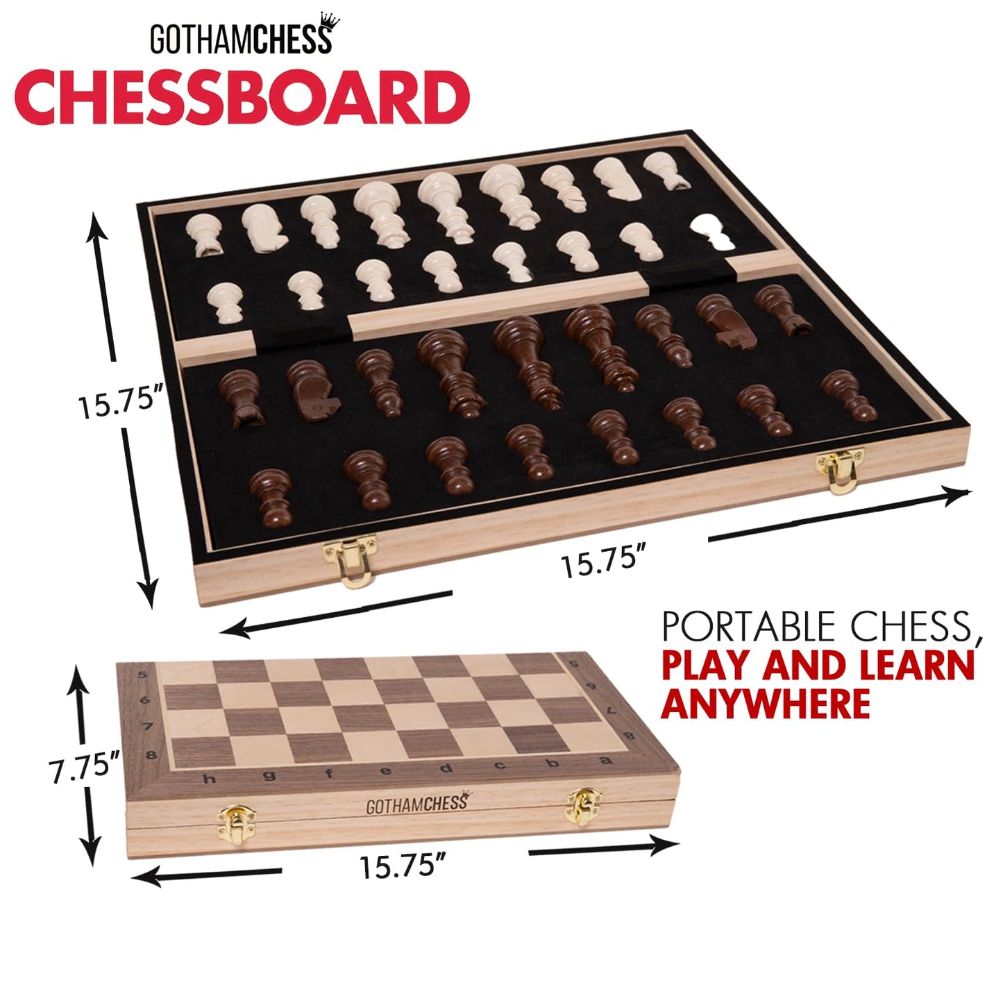 Gothamchess Board- Foldable, Magnetic Pieces, Quality Wood, Fitted Storage, Includes Course By International Master Levy Rozman