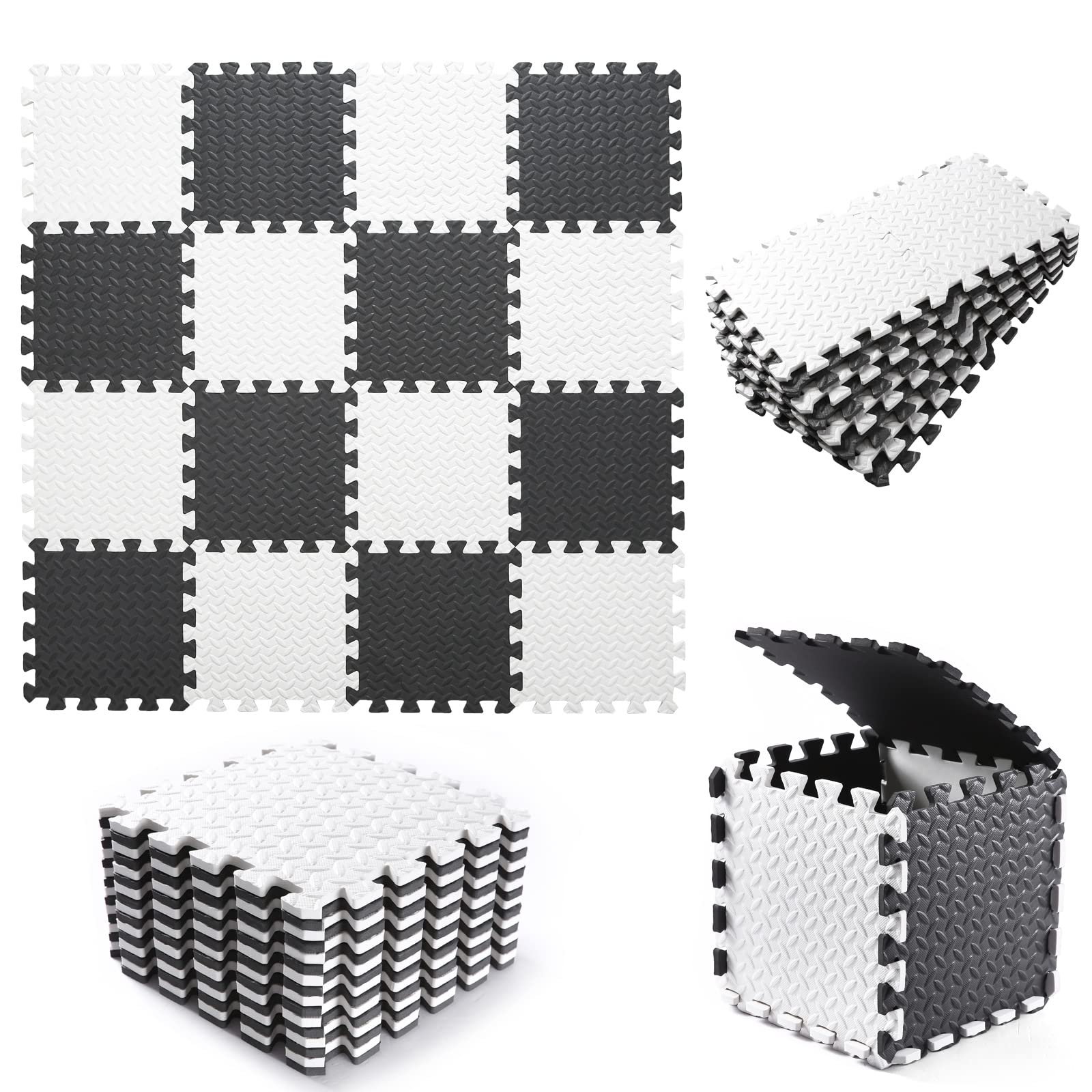 Tamiplay Foam Play Mat - 0.4 Inch Soft Eva Non-Toxic Interlocking Tiles, Baby Exercise Puzzled Floor Mats, 16 Tiles (White/Black