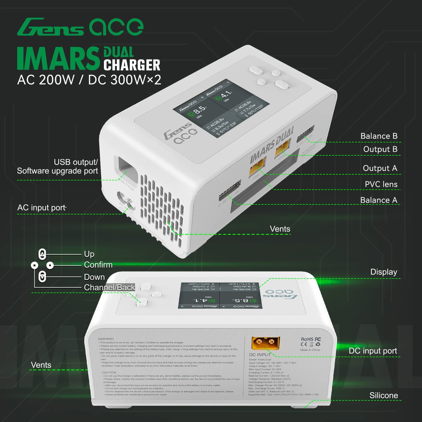 Gens Ace Lipo Battery Charger Imars Dual Smart Lipo Charger 15A Ac 200W Dc 600W Rc Charger(White)