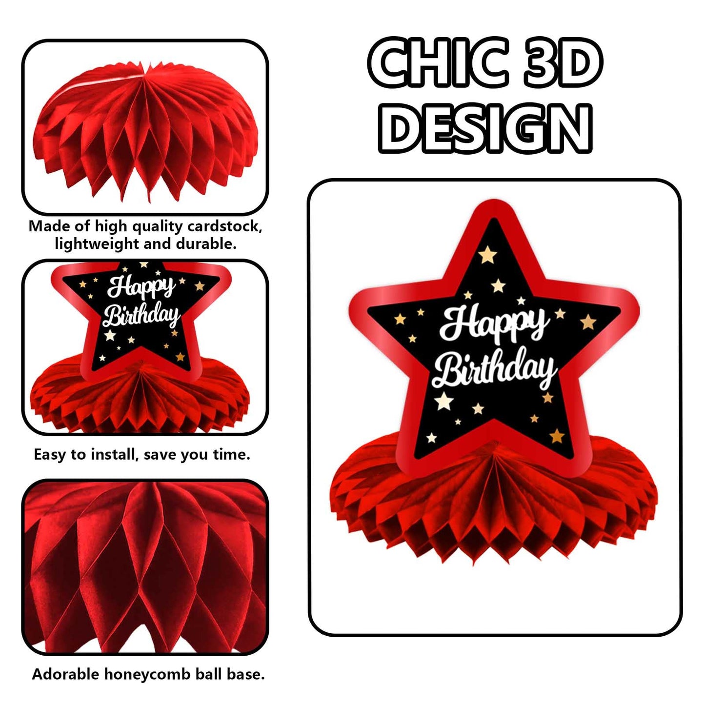 Happy 33rd Birthday Red and Black Table Honeycomb Centerpieces Balloons Theme Decor Table Decorations Table Toppers for Girls Wo