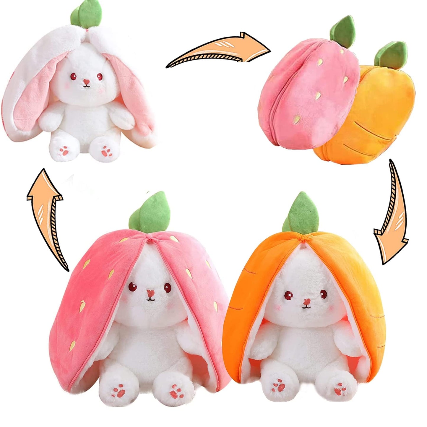 Miaodam Cuddly Bunny Stuffed Animal, Kawaii Squishy Cute Easter Bunny Plush Turn Into Rabbit Fruit Doll Carrot Strawberry Pillow, Plushies Funny Bunny Toy For Baby